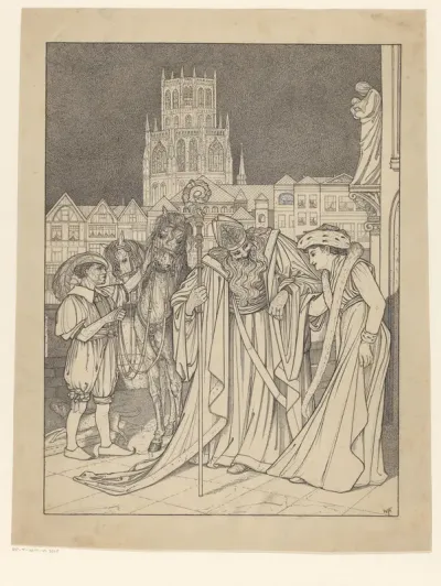 Sint Nicolaas met een vrouw, Piet en twee paarden