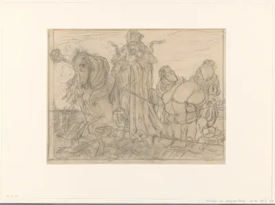 Sinterklaas met twee pieten op een dak