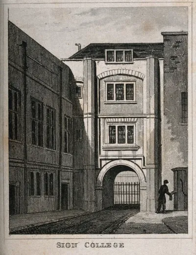 Sion College, London Wall, London: the gatehouse, with a man about to operate a pump