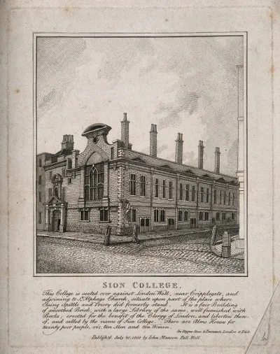 Sion College, London Wall, London: view of the north facade, with a man climbing a ladder to attend to a street lamp