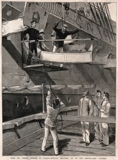 Sir Gerald Graham directing the hoisting of patients on board a hospital ship, Sudan