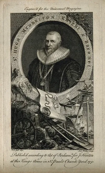 Sir Hugh Myddelton, in an oval surround underneath which are surveying and mining tools, with a plan of the course of the New River
