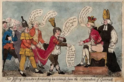 Sir Jeffrey Dunstan, mayor of Garrett, presents an address from the Corporation of Garrett to William Pitt the younger, who wears a crown and sits on a commode