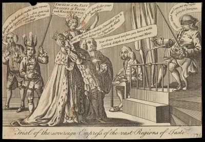 Sir John Fielding wearing a blindfold sits in a chair holding instruments of justice before Madam Cornelys on the shoulders of a lawyer and the Duchess of Northumberland