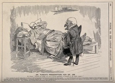 Sir Leander Jameson ill in bed being visited by Dr