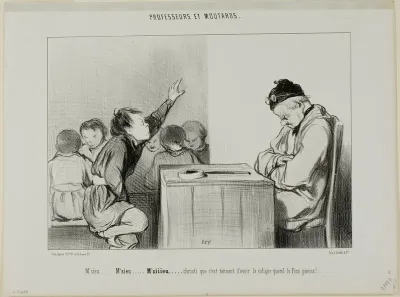 “Sir... Sir... Siiiirrrr... Christ, it's annoying to have a colic when the supervisor is supervising,” plate 13 from Professeurs Et Moutards