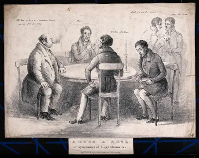 Sir W. Ingleby and Baron De Roos cheating in a game of cards with two other men. Lithograph by I.H., 183-