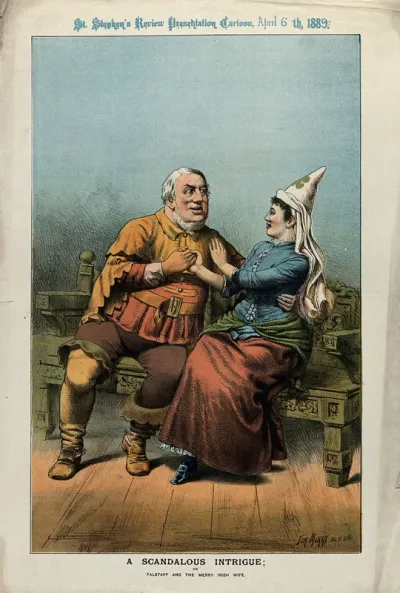 Sir William Harcourt in the role of Sir John Falstaff wooes Ireland in the role of one of the merry wives of Windsor