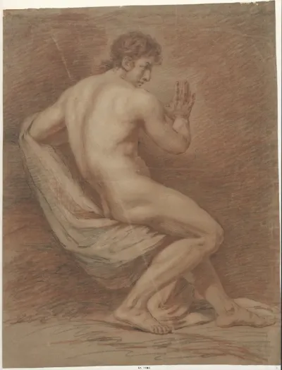 Sitting male nude, his back turned to the left