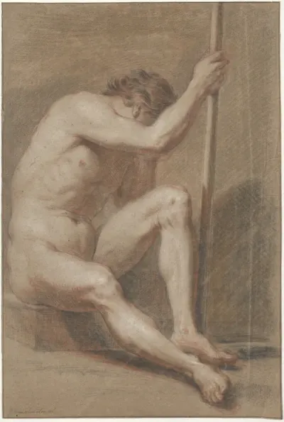 Sitting male nude, his head leaning on his left hand, his right hand on a stick