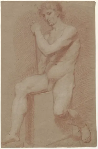 Sitting male nude, his left hand resting on a stick