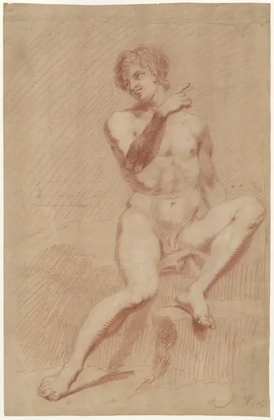 Sitting male nude, his left leg raised and his right arm pointing to the side (verso: sketch of a capital and partial column)