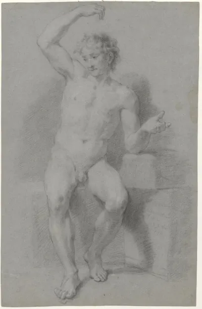 Sitting male nude, his right hand above his head