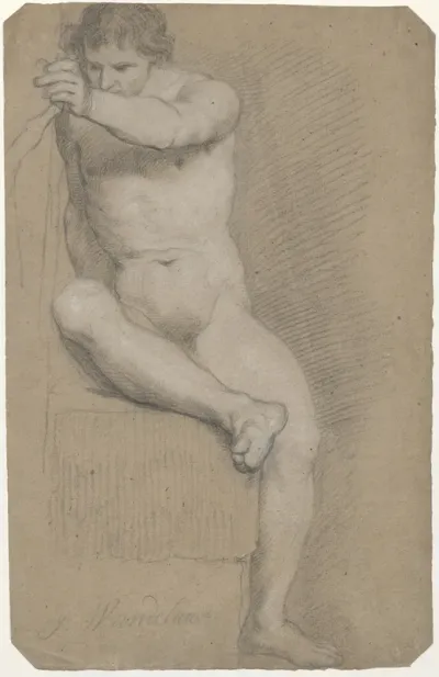 Sitting male nude, his right leg raised and his left arm stretched forward