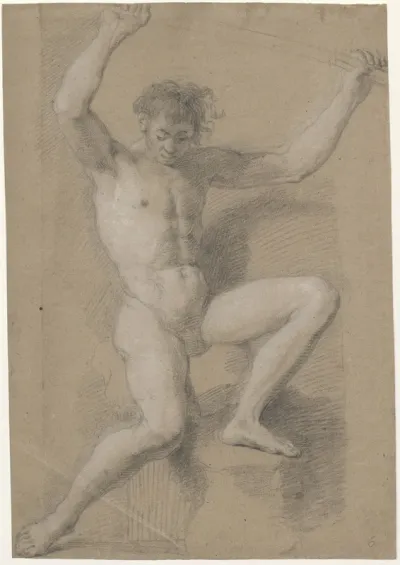 Sitting male nude, holding a stick above his head