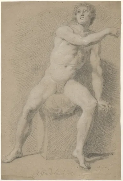 Sitting male nude, seen from the front, his right arm pointing to the left