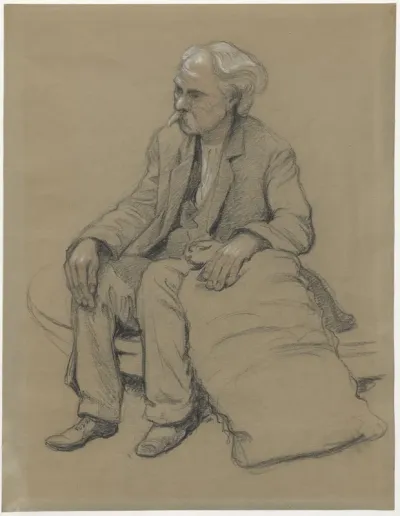 Sitting man with a moustache, his hand resting on a sack