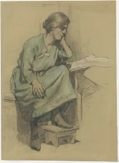 Sitting woman, her head leaning on her hand