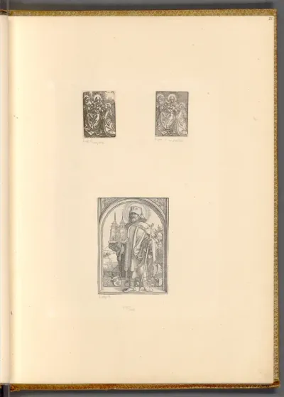 Sitzende Jungfrau Maria, auf ihren Schoß das Jesuskind, einen Apfel haltend; Der heilige Sebald (Titelholzschnitt zu Leben und Wunder des heiligen Sebaldus, Nürnberg 1514)