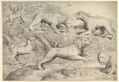 Six Animals, including lions, a tiger, a leopard, a griffin, and a goat