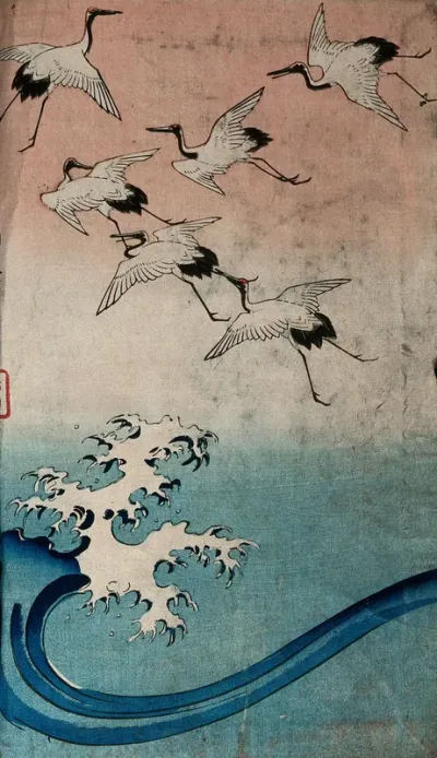 Six cranes flying upward above a breaking wave