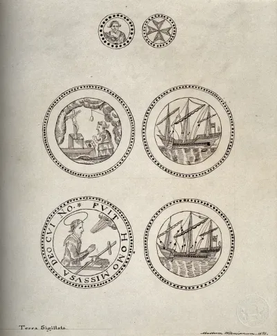 Six different pieces of sealed, precious medicinal earth known as 'terra sigillata'