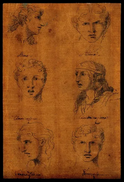 Six faces expressing human passions: profiles and frontal views of admiration, desire and veneration