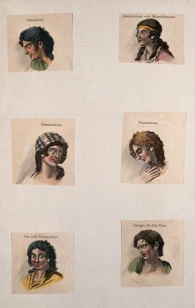 Six faces expressing the human passions: (clockwise from top left) attention, admiration with astonishment, veneration, simple bodily pain, joy with tranquility, and admiration