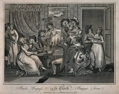Six fashionable young men after a drinking session, all with girls in their arms