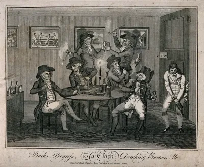 Six fashionable young men carousing round a table as a serving man opens another bottle of ale