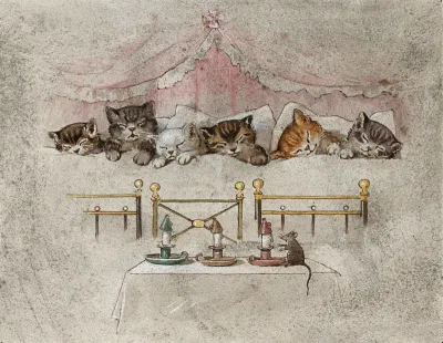 Six kittens asleep in a canopied bed; a mouse and three candles in the foreground