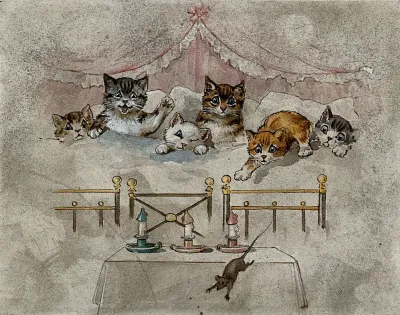 Six kittens in a canopied bed woken by a mouse; three candles in the foreground