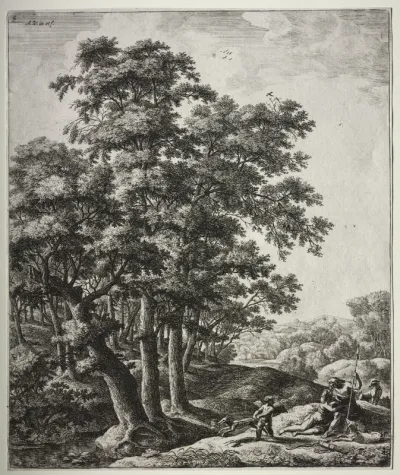 Six large upright landscapes with scenes from Ovid's Metamorphoses: Venus and Adonis