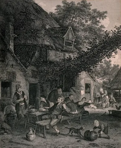 Six men and a woman drink and smoke round a table outside a country tavern, behind them children watch a woman pump water