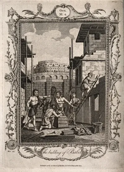 Six men construct a section of the Tower of Babel