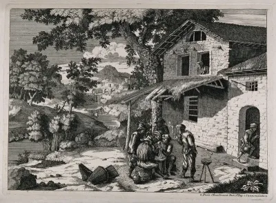 Six men play cards and smoke outside a country inn with a castle in the distance