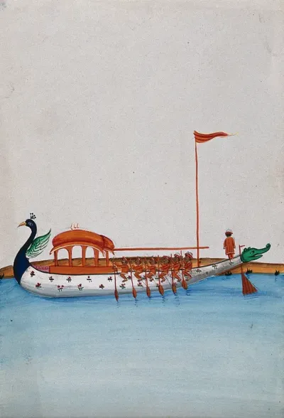 Six men row a long boat with a domed canopy, shaped as a peacock in the front and a dragon's mouth at the back