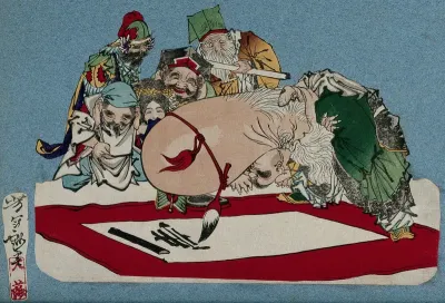 Six of the seven gods of good fortune look on as one of their number writes the character for longevity with a brush tied to his elongated, bald head