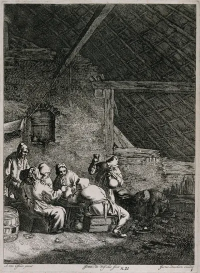 Six peasants carousing in a barn as a seventh man vomits in the corner