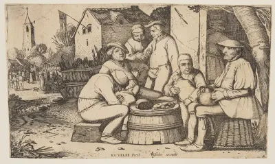 Six Peasants using a Barrell Butt as a Table