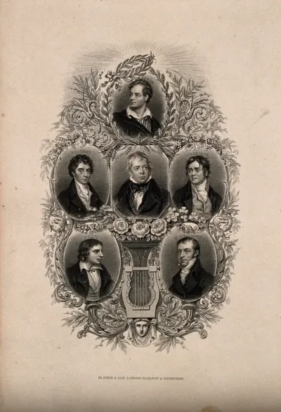 Six poets: Robert Montgomery, John Keats, Lord Byron, Walter Scott, Robert Southey and Samuel Taylor Coleridge