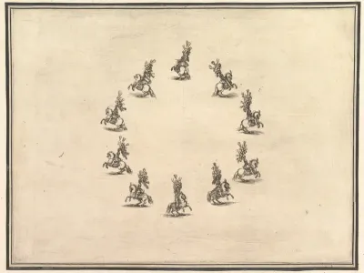 Six riders forming a circle, from "La gara delle Stagioni"