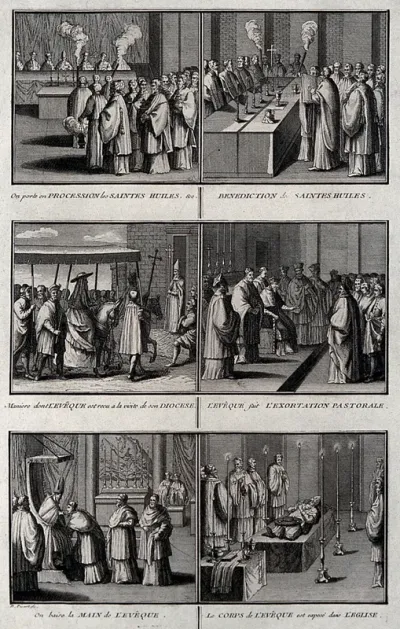 Six rites of the Roman Catholic Church: the procession of the Holy Oils; the blessing of the Holy Oils; a bishop is received during a visit to his diocese; the bishop's pastoral exhortation; the kissing of the bishop's hand and the bishop's lying in 