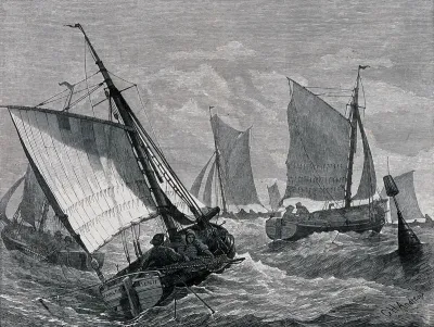 Six sailing boats navigate choppy seas