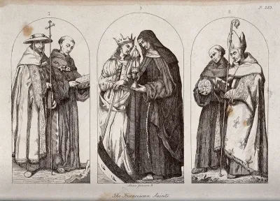 Six saints of the Franciscan order: Saint Bonaventure, Saint Anthony of Padua, Saint Catherine of Alexandria, Saint Clare of Assisi, Saint Bernardino of Siena; Saint Louis of Toulouse
