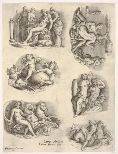Six subjects after antique cameos: female figures tending to a seated male figure; putti and dolphins; female figure holding the reins of a pair of rearing horses; intertwined naked figures flanked by music-playing satyrs; triton with shield-bearing 