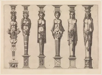 Six terms, four female and two male, with Hercules at far right, plate 1, from Caryatidum [...] sive Athlantidum multiformium ad quemlibet Architecture ordinem Accommodatarum centuria prima [...]