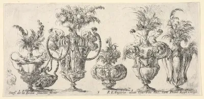 Six vases, and two sketches of vases on the extremities, plate 5 from "Collection of Various Vases" (Raccolta di Vasi Diversi)