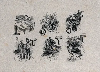 Six vignettes (with capital letters T or O): an open book with closed books (T); bunch of wild flowers (O); a seated Zouave holding a gun (O); two soldiers (T); a messenger on horseback (T); a boy asleep on the grass (T)