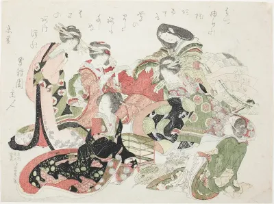 Six women seated around a bird cage